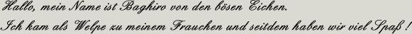 Hallo, mein Name ist Baghiro von den b&ouml;sen Eichen. Ich kam als Welpe zu meinem Frauchen und seitdem haben wir viel Spa&szlig;!